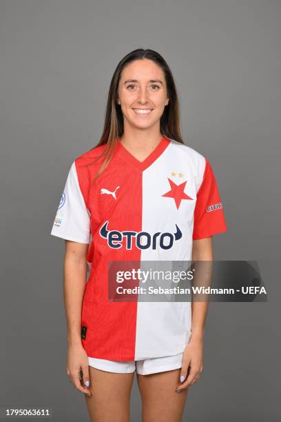 Haleigh Kae Stackpole of Slavia Praha poses for a portrait during the UEFA Women's Champions League Official Portraits shoot at Fortuna Arena on...