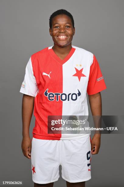 Marjolen Nekesa of Slavia Praha poses for a portrait during the UEFA Women's Champions League Official Portraits shoot at Fortuna Arena on November...