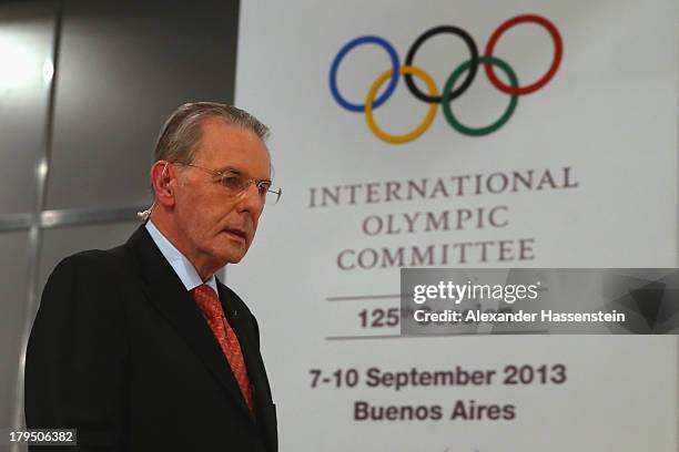 President Jacques Rogge arrives for a IOC press conference ahead of the 125th IOC Session at the Hilton Hotel on September 4, 2013 in Buenos Aires,...