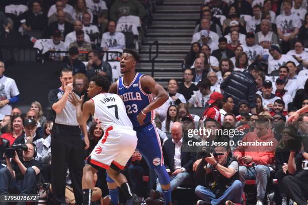 Jimmy Butler of the Philadelphia 76ers calls for the ball against Kyle Lowry of the Toronto Raptors during Game Two of the Eastern Conference...