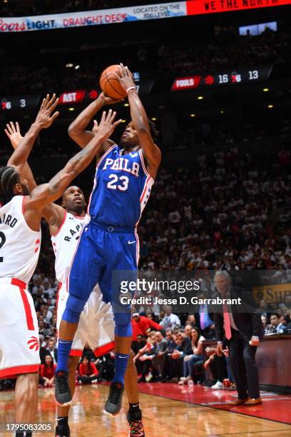 Jimmy Butler of the Philadelphia 76ers shoots the ball against the Toronto Raptors during Game Two of the Eastern Conference Semifinals of the 2019...