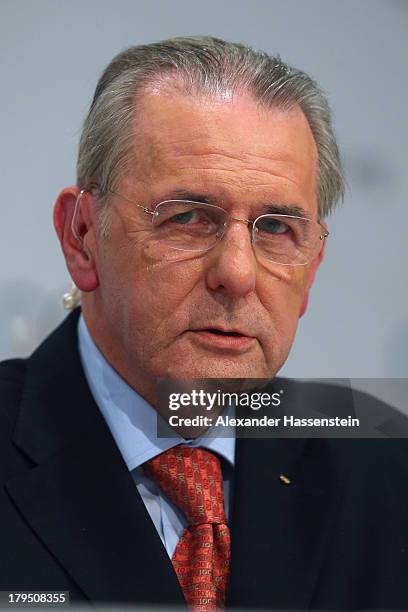 President Jacques Rogge looks on during a IOC press conference ahead of the 125th IOC Session at the Hilton Hotel on September 4, 2013 in Buenos...