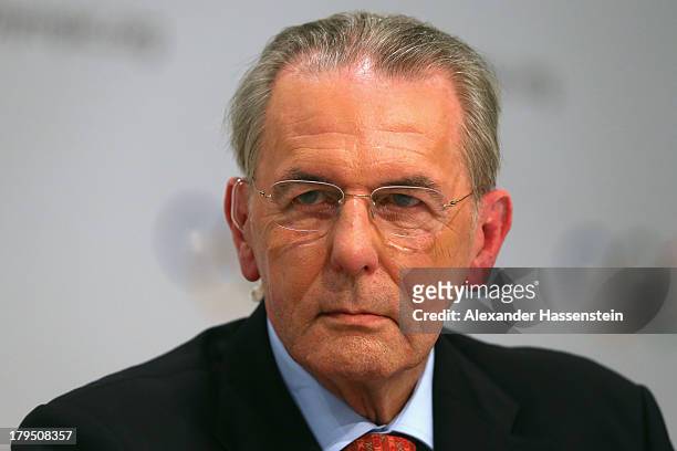 President Jacques Rogge looks on during a IOC press conference ahead of the 125th IOC Session at the Hilton Hotel on September 4, 2013 in Buenos...