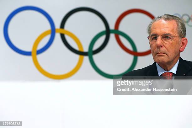 President Jacques Rogge looks on during a IOC press conference ahead of the 125th IOC Session at the Hilton Hotel on September 4, 2013 in Buenos...
