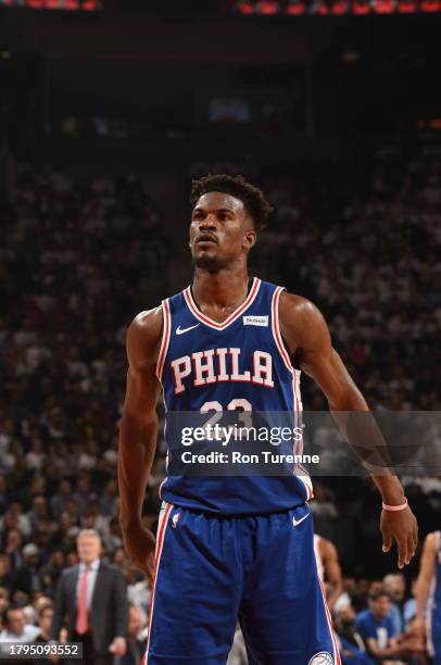 Jimmy Butler of the Philadelphia 76ers looks on against the Toronto Raptors during Game Two of the Eastern Conference Semifinals of the 2019 NBA...