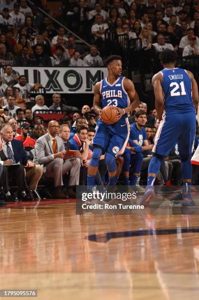 Jimmy Butler gets a pick by Joel Embiid of the Philadelphia 76ers against the Toronto Raptors during Game Two of the Eastern Conference Semifinals of...