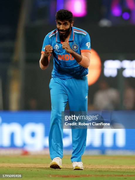 Jasprit Bumrah of India celebrates after dismissing Glenn Phillips of New Zealand during the ICC Men's Cricket World Cup India 2023 Semi Final match...