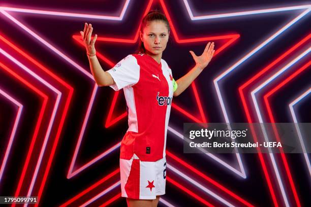 Diana Bartovicova of Slavia Praha poses for a portrait during the UEFA Women's Champions League Official Portraits shoot at Fortuna Arena on November...