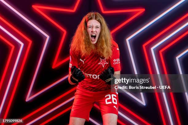 Tereza Fuchsova of Slavia Praha poses for a portrait during the UEFA Women's Champions League Official Portraits shoot at Fortuna Arena on November...