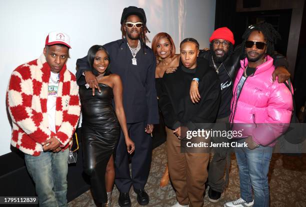 Whoo Kid, Ambriel Carter, 2Chainz, Karen Civil, Lena Waithe, Jackie Long and Juicy J attend the Welcome To Collegrove Album Visual Presentation at...