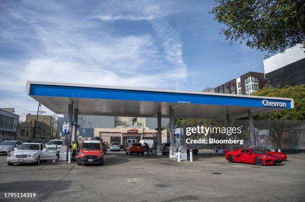 Customers refuel at a Chevron gas station in San Francisco, California, US, on Tuesday, Nov. 21, 2023. The US Thanksgiving travel period is shaping...