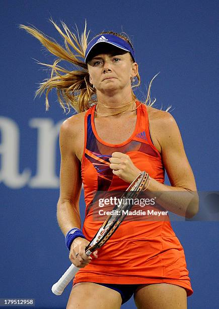 Daniela Hantuchova of Slovakia reacts during her women's singles quarter final match against Victoria Azarenka of Belarus on Day Ten of the 2013 US...