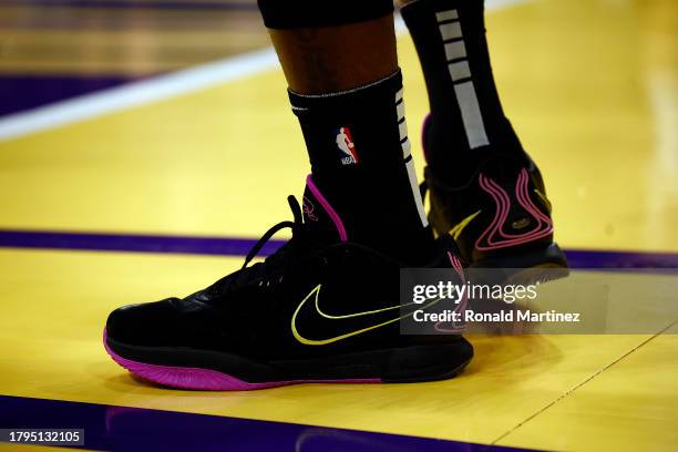 The Nike shoes of LeBron James of the Los Angeles Lakers in the first quarter at Crypto.com Arena on November 14, 2023 in Los Angeles, California....