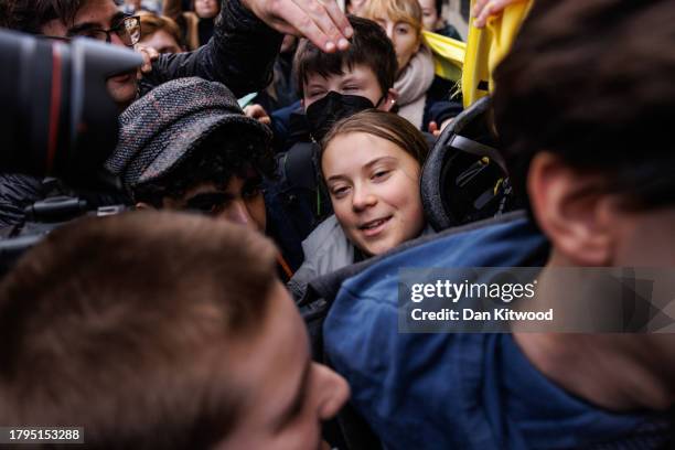 Swedish environmental activist Greta Thunberg leaves Westminster Magistrates Court after pleading not guilty to a public order offence on November...