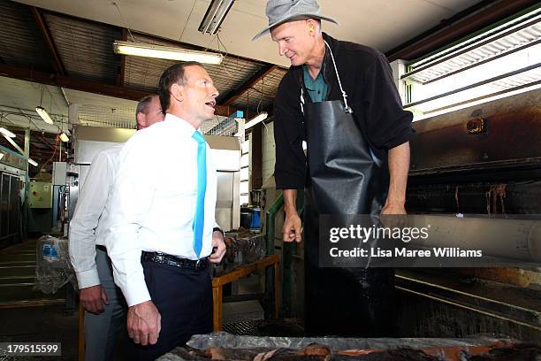 Australian Opposition Leader, Tony Abbott tours Packer Leather on September 5, 2013 in Brisbane, Australia. The Liberal-National Party coalition are...