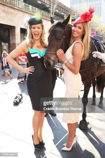 Sydney Spring Carnival ambassadors, Sophie Faulkner and Laura Csortan pose at the Australian Turf Club Spring Launch at Customs House forecourt on...