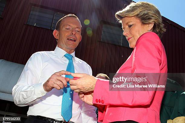 Australian Opposition Leader, Tony Abbott and Deputy Liberal Leader Julie Bishop tour Packer Leather on September 5, 2013 in Brisbane, Australia. The...