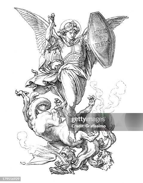 st. michael the archangel fighting dragon - archangel michael sword stock illustrations