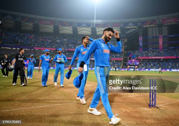 Virat Kohli of India reacts after winning the ICC Men's Cricket World Cup India 2023 Semi Final match between India and New Zealand at Wankhede...