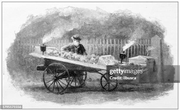 antique image of hampden county, massachusetts: springfield, peanut stand at night - peanut man stock illustrations