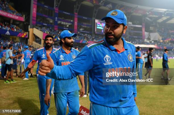 Rohit Sharma of India acknowledges the fans after winning the ICC Men's Cricket World Cup India 2023 Semi Final match between India and New Zealand...