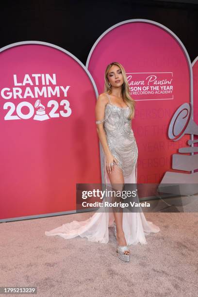 Ana Mena attends the Latin Recording Academy Person of The Year Honoring Laura Pausini at FIBES Conference and Exhibition Centre on November 15, 2023...