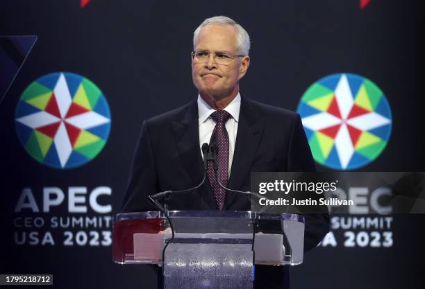 ExxonMobil CEO Darren Woods speaks during the APEC CEO Summit at Moscone West on November 15, 2023 in San Francisco, California. The APEC summit is...