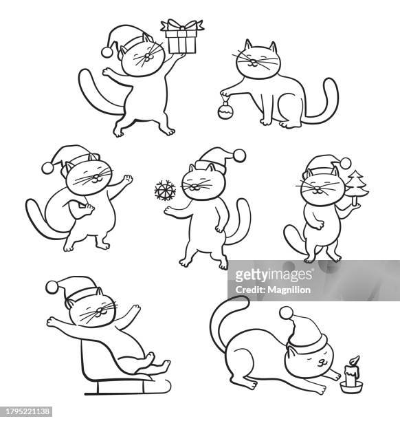 christmas cats, cat in santa hat doodles set - pet clothing stock illustrations