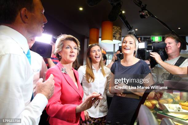 Australian Opposition Leader, Tony Abbott and Deputy Liberal Leader Julie Bishop with Abbot's daughters Frances and Bridget vist a shopping centre on...