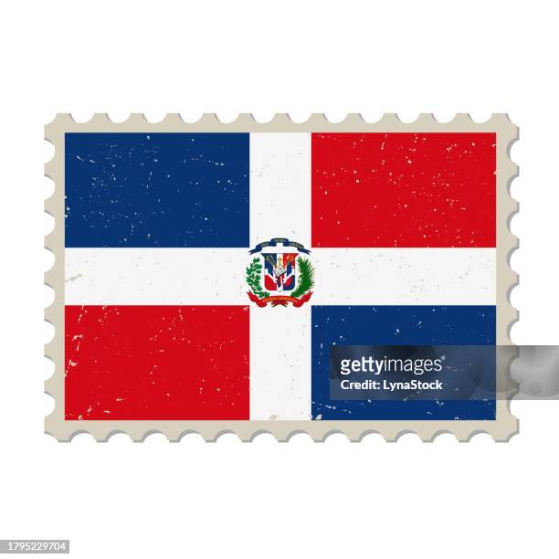 dominican republic grunge postage stamp. vintage postcard vector illustration with dominican republic national flag isolated on white background. retro style. - dominican republic stock illustrations