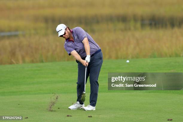 Harry Higgs plays a shot during the pro-am round prior to The RSM Classic on the Seaside Course at Sea Island Resort on November 15, 2023 in St...