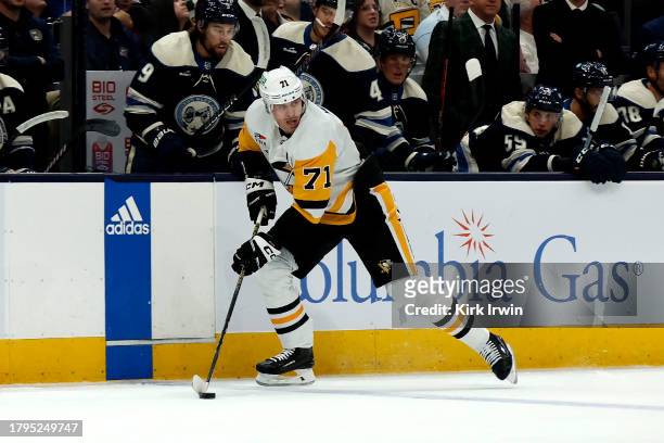 Evgeni Malkin of the Pittsburgh Penguins controls the puck during the game against the Columbus Blue Jackets at Nationwide Arena on November 14, 2023...