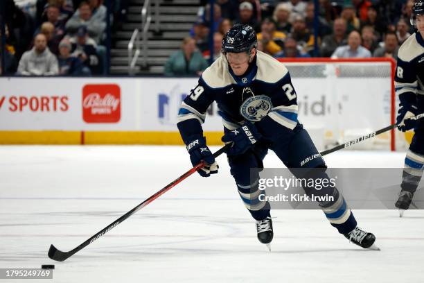 Patrik Laine of the Columbus Blue Jackets controls the puck during the game against the Pittsburgh Penguins at Nationwide Arena on November 14, 2023...