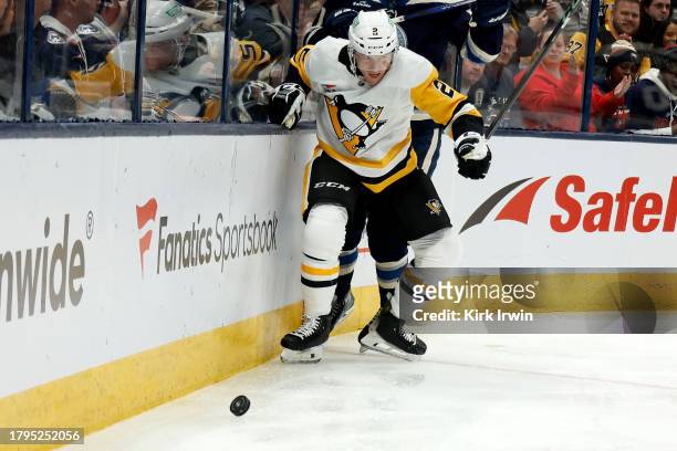 Chad Ruhwedel of the Pittsburgh Penguins skates after the puck during the game against the Columbus Blue Jackets at Nationwide Arena on November 14,...