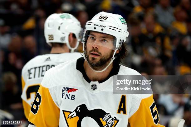 Kris Letang of the Pittsburgh Penguins skates on the ice during the game against the Columbus Blue Jackets at Nationwide Arena on November 14, 2023...