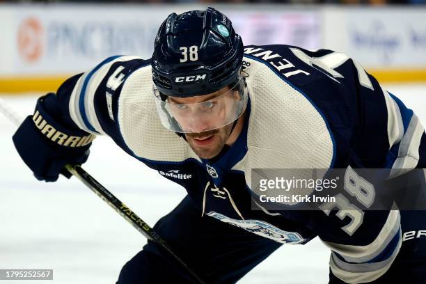 Boone Jenner of the Columbus Blue Jackets lines up for a face-off during the game against the Pittsburgh Penguins at Nationwide Arena on November 14,...