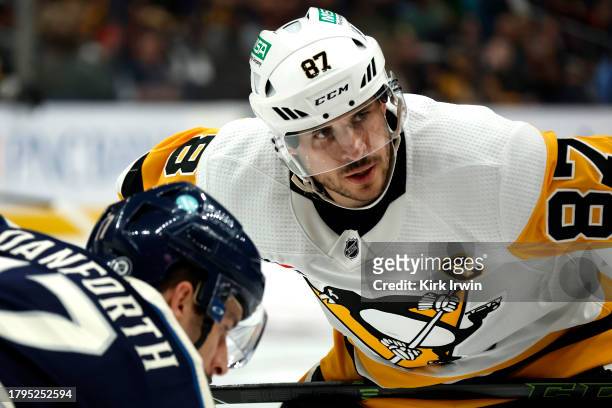 Sidney Crosby of the Pittsburgh Penguins lines up for a face-off during the game against the Columbus Blue Jackets at Nationwide Arena on November...