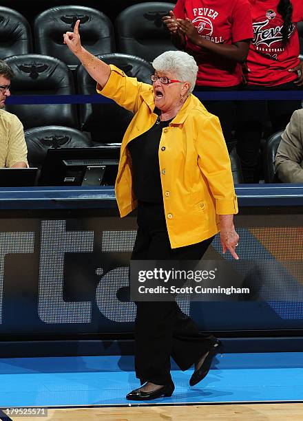 Head Coach Lin Dunn of the Indiana Fever calls a play against the Atlanta Dream at Philips Arena on September 4 2013 in Atlanta, Georgia. NOTE TO...