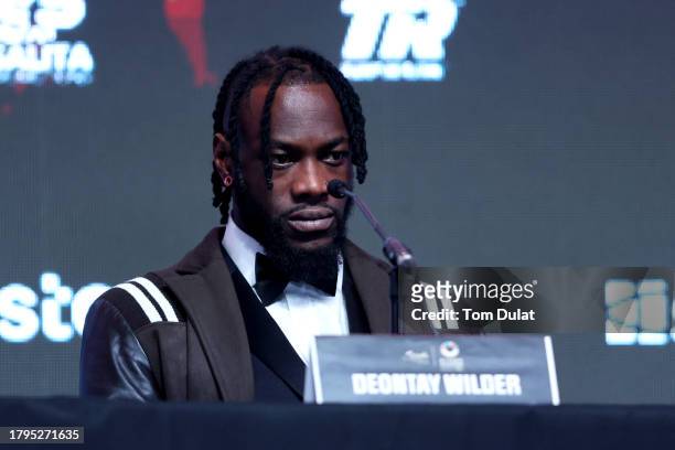 Deontay Wilder of United States looks on during the Day Of Reckoning Press Conference at OVO Arena Wembley on November 15, 2023 in London, England.