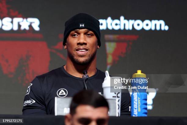 Anthony Joshua of Great Britain looks on during the Day Of Reckoning Press Conference at OVO Arena Wembley on November 15, 2023 in London, England.