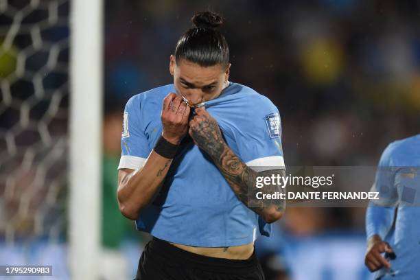 Uruguay's forward Darwin Nunez celebrates scoring his team's first goal during the 2026 FIFA World Cup South American qualification football match...