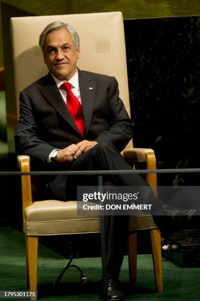 President of the Republic of Chile Sebastian Pinera Echenique waits to deliver his address September 23, 2010 during the 65th session of the General...