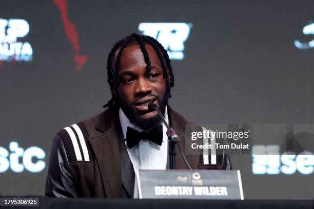 Deontay Wilder of United States speaks during the Day Of Reckoning Press Conference at OVO Arena Wembley on November 15, 2023 in London, England.