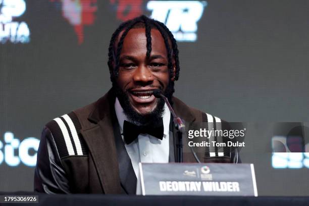 Deontay Wilder of United States speaks during the Day Of Reckoning Press Conference at OVO Arena Wembley on November 15, 2023 in London, England.