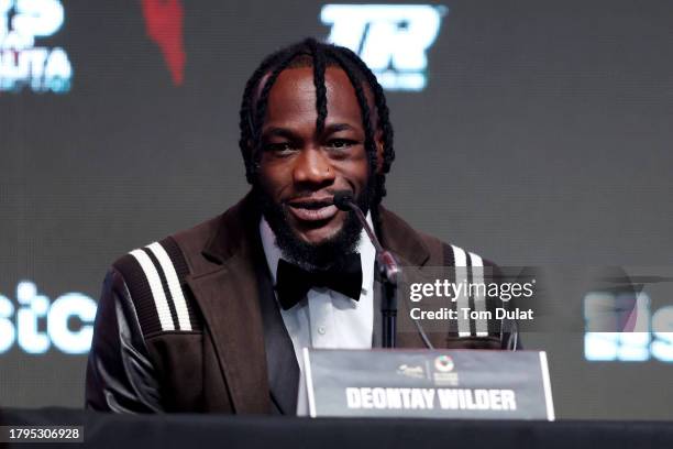 Deontay Wilder of United States speaks during the Day Of Reckoning Press Conference at OVO Arena Wembley on November 15, 2023 in London, England.