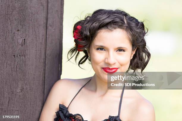 saloon girl with pretty smile - fake smile stock-fotos und bilder