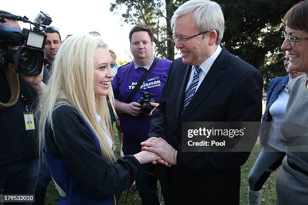 Australian Prime Minister, Kevin Rudd meets Natalie Lyons-Buckett, on September 5, 2013 in Windsor, Australia. After spending the morning in...