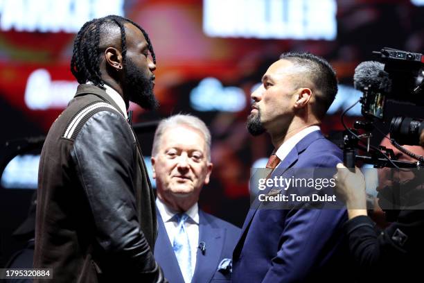 Deontay Wilder of United States and Joseph Parker of New Zealand face-off speaks during the Day Of Reckoning Press Conference at OVO Arena Wembley on...