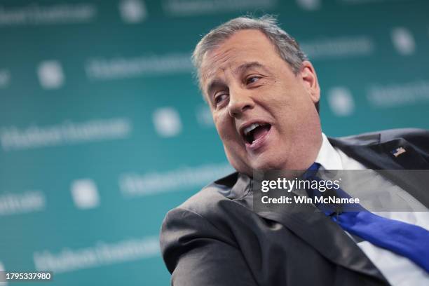 Republican presidential candidate and former Governor of New Jersey Chris Christie speaks at the Hudson Institute November 15, 2023 in Washington,...