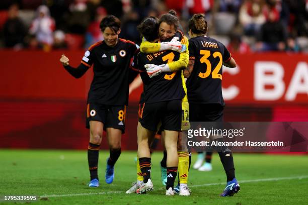 Lucia Di Guglielmo and Camelia Ceasar of AS Roma celebrate together after the UEFA Women's Champions League group stage match between FC Bayern...